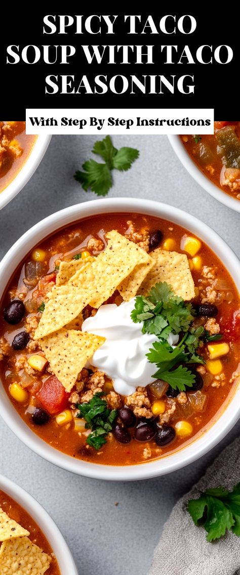 Image for Spicy Taco Soup with Taco Seasoning What To Serve With Taco Soup, Christmas Grams, Spicy Tacos, Pork Soup, Taco Soup Recipe, Mexican Dish, Filling Dinner, Taco Soup, Healthy Soup Recipes