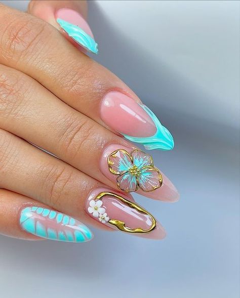 yulissa_nails on Instagram: "@nayee_098" Gel Nails 2024, Gel Art Nails, Turquoise Nail Art, Artist Nails, Flare Nails, Artistic Nails, Ideas Uñas, Gel Toe Nails, Turquoise Nails