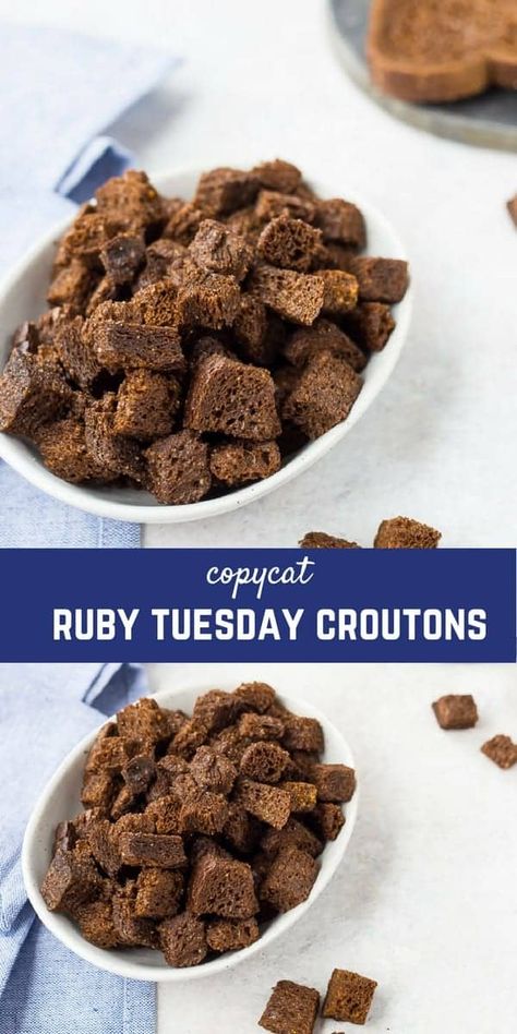 Ruby Tuesday Croutons, Pumpernickel Croutons, Ruby Tuesday Recipes, How To Make Croutons, Croutons Recipe, Crouton Recipes, Ruby Tuesday, Croutons Homemade, Copycat Restaurant Recipes