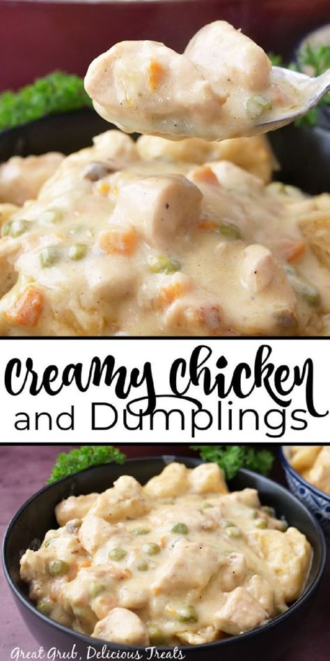 A double photo collage of creamy and delicious chicken and dumplings. Homemade Chicken And Dumplings Recipe, Quick Chicken And Dumplings, Chicken Cups, Easy Dumplings Recipe, Chicken Dumpling Casserole, Dumpling Casserole, Best Chicken And Dumplings, Creamy Chicken And Dumplings, Chicken Dumpling