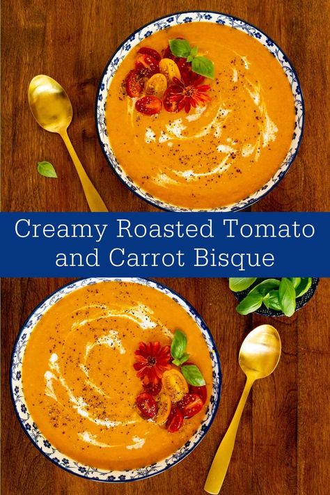 A hot roast in the oven caramelizes and intensifies the veggies in this delicious, healthy, super creamy Roasted Tomato Carrot Bisque. Add a splash of cream or leave it out, either way, it's delicious! #bestsouprecipes #healthysouprecipe #tomatosoup Carrot Bisque, Tomato Carrot Soup, Roast In The Oven, Summer Soup, Best Soup Recipes, Roasted Tomato, Fall Soups, Carrot Soup, Healthy Soup Recipes