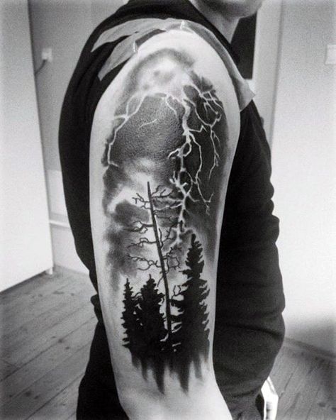 Cool Arm Pine Trees Thunderstorm Tattoo Design Ideas For Male Storm Tattoo Men, Thunderstorm Tattoo, Blitz Tattoo, Storm Tattoo, Lightning Tattoo, Bolt Tattoo, Omerta Tattoo, Forest Tattoos, Neck Tattoo For Guys