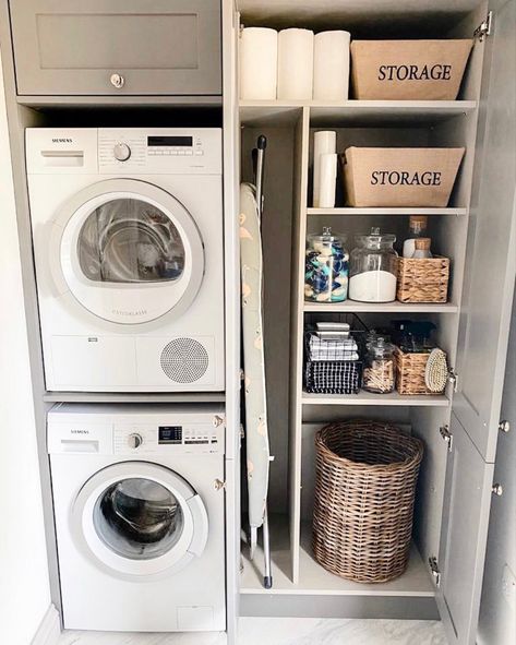 Small Laundry Closet, Laundry Cupboard, Utility Room Storage, Small Utility Room, Utility Room Designs, Stacked Laundry Room, Laundry Room Ideas Small Space, Pantry Laundry, Dream Laundry Room