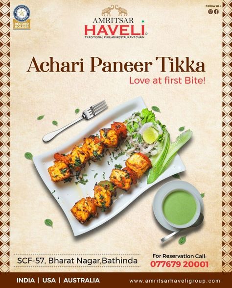 Amritsar Haveli Bathinda Open Near you now. 👀🍽 Advertising Design Layout, Achari Paneer, Masala Tea, Punjabi Food, Paneer Tikka, Food Menu Design, Food Poster Design, Food Ads, Best Food Ever