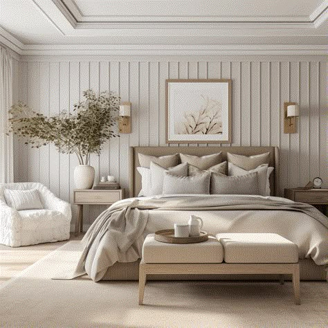 House Reno Ideas, Neutral Bedroom Set, Bedroom Decor Organic Modern, Neutral Main Bedroom, Relaxing Primary Bedroom, Master Design Bedroom, Simple Guest Bedroom Ideas Cozy, Master Bedrooms Neutral Colors, Neptune Bedroom Ideas