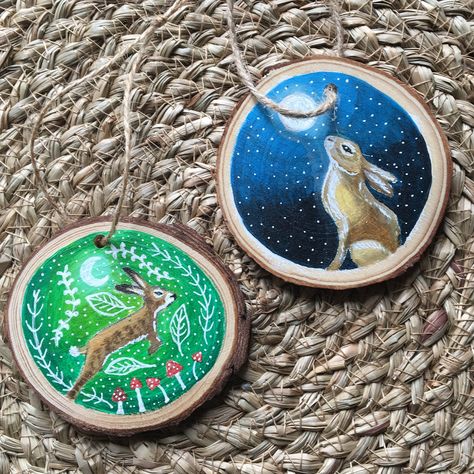 Pagan Decorations, Wooden Slice Painting, Wood Slice Ornament Painted, Hand Painted Wood Ornaments, Wall Altar, Hare Moon, Yule Decor, Wood Slice Painting, Folk Christmas