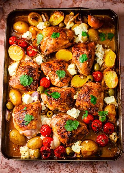 Mediterranean Chicken Tray Bake, One Tray Chicken And Vegetables, Ideas For Ramadan, Mediterranean Chicken Bake, Iftar Ideas, Mediterranean Lunch, Greek Chicken And Potatoes, Sweet Potato Gratin, Mediterranean Recipes Healthy