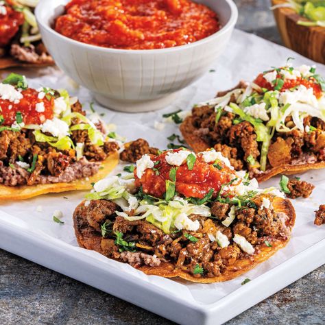 Ground Beef Tostadas, Mexican Tapas, Beef Tostadas, Recipes Mexican, Quick Lunches, Fresh Veggies, Mexican Dishes, Family Dinners, Fresh Lime Juice