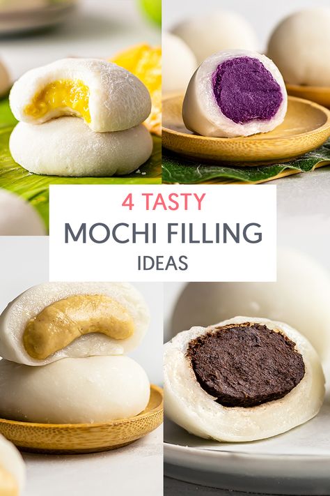 japanese mochi balls with different fillings Mochi Recipes Easy, Filled Mochi Recipe, How To Make A Mochi, Mochi Filling Recipe, How To Make Mochi Recipes, Mochi Filling Ideas, Easy Mochi Recipe Simple, Healthy Mochi, Mochi Balls Recipe