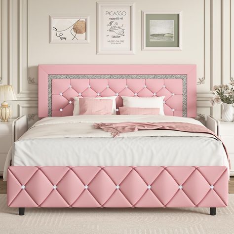 Pink Dorm Room Decor, Luxury Bed Frames, Bed Frame Upholstered, Pink Dorm Rooms, Modern Style Bed, Diamond Tufted Headboard, Button Tufted Headboard, Full Size Bed Frame, Leather Headboard