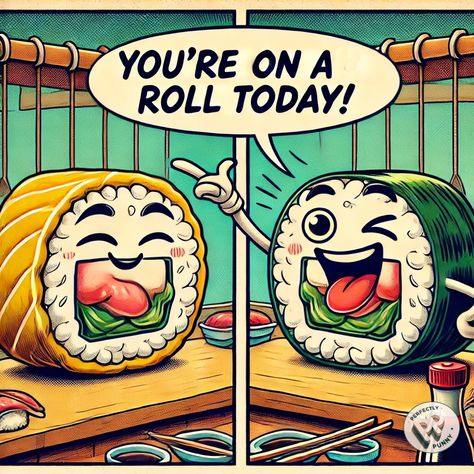 When your sushi hype man knows just what to say! #OnARoll  #SushiHumor #FoodieLaughs #RollWithIt #SushiLife #FoodComedy #LaughsOnTheMenu  #PerfectlyPunny #Funny #Comics #Humor #Comedy #Jokes Snack Humor, Food Prints, Hype Men, Comedy Jokes, Food Puns, What To Say, Pizza Slice, Word Play, Funny Puns