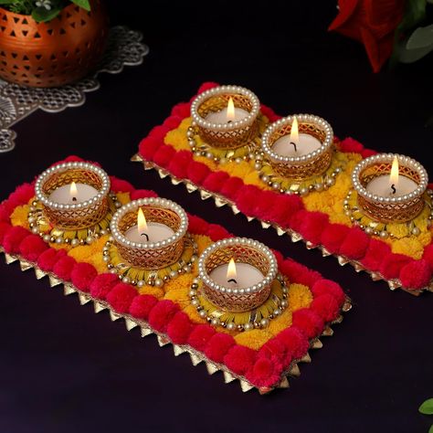 Diwali Decoration Items for Home Decor,Rangoli Tea Light Candle Holder 3candles (Set of 2) Cute Diya Decoration, Diwali Aesthetic, Diya Holder, Diwali Theme, Diwali Candle Holders, Floral Rangoli, Diwali Decor Ideas, Diya Stand, Aarti Thali