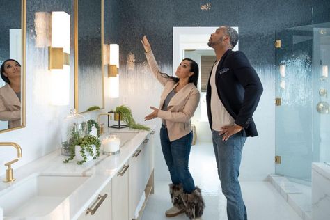 Alison Victoria and Mike Holmes' House | Rock The Block | HGTV Allison Victoria Bathroom, Ombre Bathroom, Allison Victoria, Ombre Tile, Nate Jeremiah, Egypt Sherrod, Arched French Doors, Alison Victoria, Mike Holmes