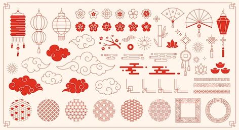 Chinese Culture Aesthetic, New Year Elements, Japanese Ornaments, Japanese Ornament, Frames Design Graphic, Book Illustration Layout, New Year Symbols, Chinese Illustration, Chinese Element