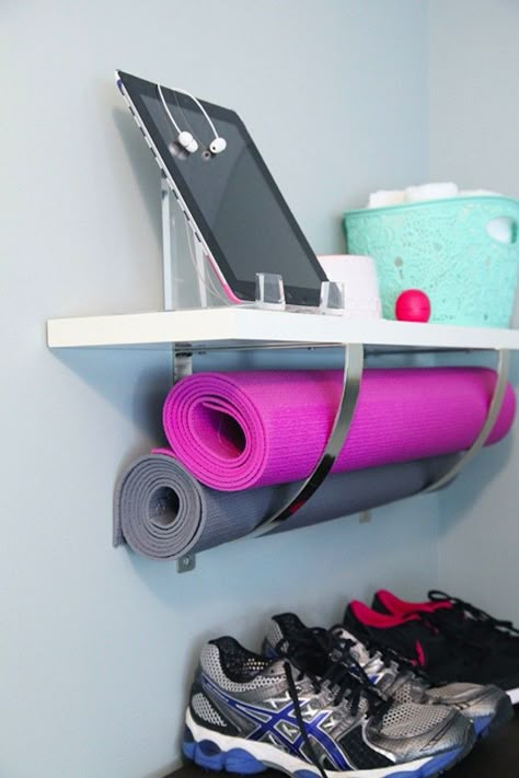 Get your mats off the ground and use extra large wall brackets as a sneaky storage space. Small Space Home Gym, Small Space Hacks, Ikea Shelves, Yoga Space, Attic Storage, Attic Renovation, Gym Room, Apartment Life, Attic Rooms