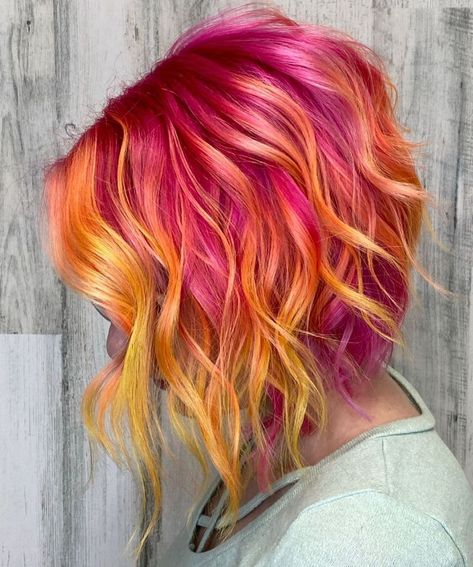 Pink And Orange Hair, A Line Bob, Vivid Hair, Sunset Hair, Galaxy Hair, Peekaboo Hair, Vivid Hair Color, Bold Hair Color, Cute Hair Colors