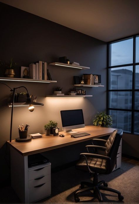 20 Small Moody Office Ideas That Boost Creativity and Focus Room Set Up Ideas Men, Mens Computer Room, Study Room Dark, Dark Study Room, Men’s Office Ideas, Mens Study Office, Study Room Ideas For Men, Male Office Ideas, Moody Office Space