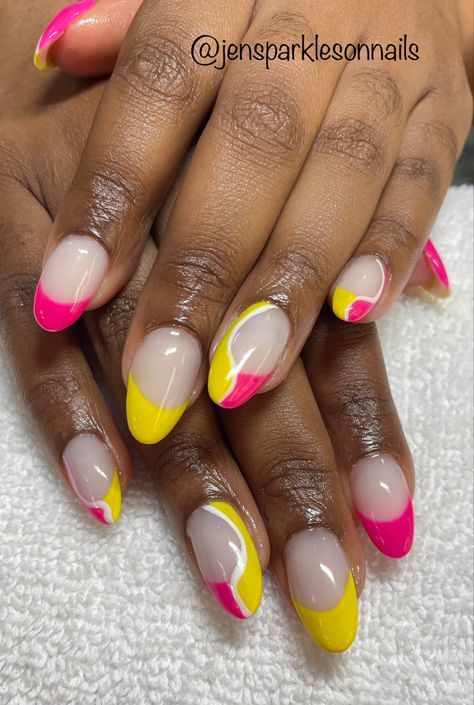 French nails, gel nail enhancements, pink and yellow nail art, medium length nails Colour Nail Art, Nail Enhancements, Gel Polish Manicure, Yellow Colour, Yellow And Pink, Pink And Yellow, French Manicure, Hair Skin, Gel Nail