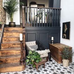 Black Cottage Interior, Goth Farmhouse Bedroom, Moody And Bright Living Room, Moody Pantry Ideas, Vintage Inspired Home Decor, Interior Cottage Design, Vintage Stairs, Tiles Stairs, Vintage Home Design