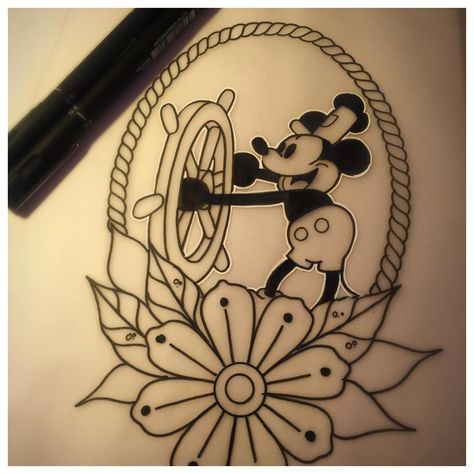 Steamboat Willie Tattoo, Steamboat Mickey, Mickey Tattoo, Disney Sleeve Tattoos, Disney Sleeve, Blackwork Embroidery Patterns, Mouse Tattoos, Trendy Embroidery, Ideas Embroidery