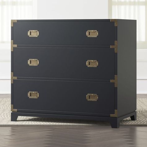 Kids Navy Campaign 3-Drawer Dresser + Reviews | Crate and Barrel Campaign Nightstand, Nautical Bathroom Design Ideas, Campaign Dresser, Boy Dresser, Changing Table Dresser, Baby Changing Tables, Furniture Ads, Bedroom Sideboard, Kids Dressers