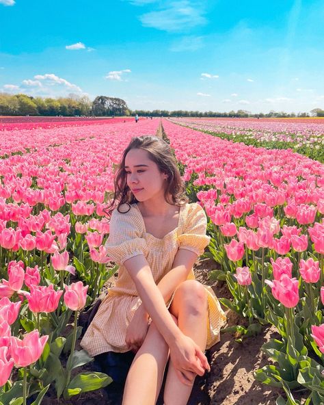 Tulips Pictures Ideas, Tulip Picking Outfit, Tulip Fields Photoshoot, Tulip Field Photoshoot, Flower Field Outfit, Tulip Photoshoot, Amsterdam Pictures, Tulip Farm, Beach Vacation Pictures