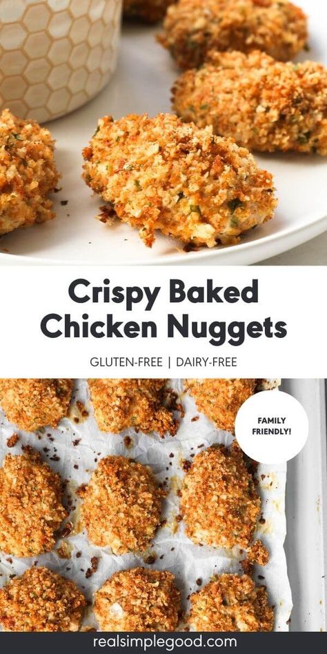 These kid-friendly ground chicken nuggets are a little crispy on the outside and juicy and tender on the inside. Made with simple seasonings and only a few ingredients, you can feel good about feeding these healthy chicken nuggets to your family. These are Gluten-free and great for meal prep. | Real Simple good via @realsimplegood Ground Chicken Tenders, Ground Chicken Meals, Ground Chicken Breast Recipes, Chicken Nuggets With Ground Chicken, Ground Chicken Nuggets, Healthy Chicken Nuggets, Week Meals, Baked Chicken Nuggets, Homemade Chicken Nuggets