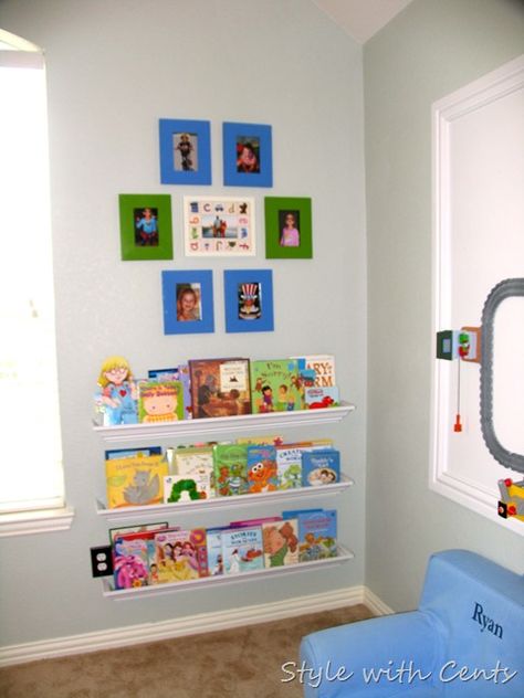 Grandkids Bedroom At Grandmas, Kids Playroom Seating, Grandkids Bedroom, Playroom Seating, Diy Bookshelves, Diy Crown Molding, Grandkids Room, Playroom Table, Playroom Storage