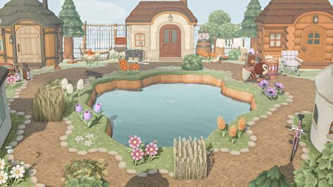 Neighborhood Acnh, Cottagecore Pond, Cottage Core Animal Crossing, Animal Crossing Designs, Cottagecore Animal Crossing, Pond Animals, Acnh Cottagecore, Forest Core, Animal Crossing Guide