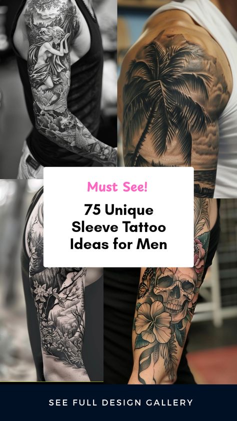 Explore 75 striking sleeve tattoo ideas for men featuring wildlife and natural themes, fantasy elements, beach realism, and creative skull designs. This pin showcases 4 images depicting diverse tattoo styles that inspire personal expression. Realism Half Sleeve Tattoo, Mens Nature Tattoo Sleeve, Tattoo Ideas Sleeve Men, Ocean Sleeve Tattoos For Guys, Mens Arm Sleeve Tattoos Ideas Unique, Male Sleeve Tattoos, Beach Sleeve Tattoo, Mens Full Sleeve Tattoo Ideas, Mens Full Sleeve Tattoo