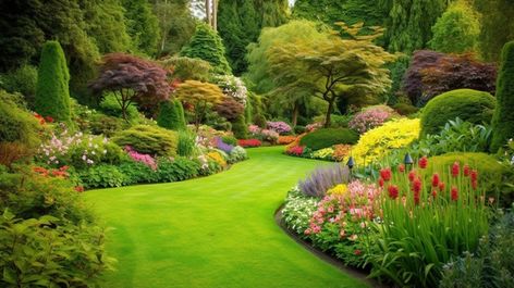 picture of beautiful backyards,backyard,garden,beautiful,nature,outdoor,green,plant,summer,gardening,grass,spring,flower,landscape,natural,park,yard,outside,season,beauty,flowers Lawn With Trees, Om Photo, Summer Gardening, Garden Background, Trees And Flowers, Beauty Flowers, Garden Beautiful, Flowers Background, Flower Window