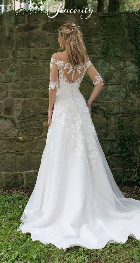 Lace Over Satin Wedding Dress, Wedding Dress Slim A Line, Wedding Dress With 3/4 Sleeve, Justin Alexander Wedding Dress A Line, Off Shoulder A Line Wedding Dress, Christian Wedding Dress Gowns, Slim A Line Wedding Dress, A Line Off The Shoulder Wedding Dress, Off The Shoulder A Line Wedding Dress