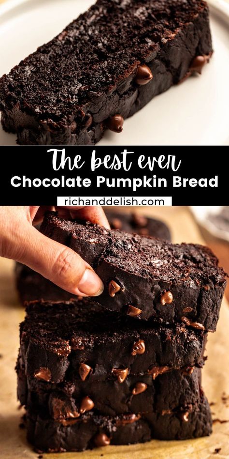 This chocolate pumpkin bread is rich and full of chocolate flavor, with a hint of pumpkin and a soft and gooey texture. Chocolate Pumpkin Desserts, Holiday Recipes Christmas Desserts, Chocolate Pumpkin Bread, Breads Recipes, Chocolate Chip Bread, Pumpkin Chocolate Chip Bread, Chocolate Pumpkin, Chocolate Bread, Pumpkin Bread Recipe