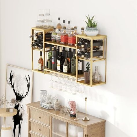 Amazon.com: KaKaBB Metal Wall Mounted Wine Rack 2 Tier, Bar Shelves for Liquor Bottles with Glass Holder Storage, Floating Liquor Wall Shelf for Home Bar Kitchen Dining Room (Black) : Home & Kitchen Liquor Wall Shelf, Shelves For Liquor Bottles, Wall Bar Cabinet, Liquor Wall, Desert Inspo, Drink Shelf, Wall Mounted Shelving Unit, Mounted Wine Rack, Home Bar Kitchen