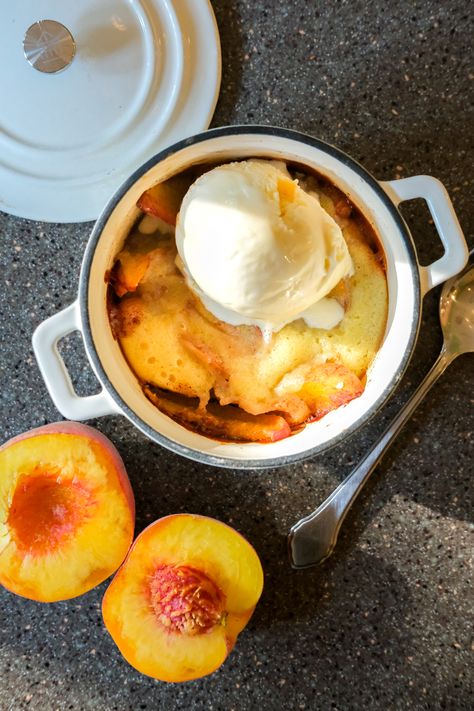 Peach Cobbler For One, Cobbler For One, Mini Cocotte Recipe, Dutch Oven Peach Cobbler, Ramekin Recipe, Cocotte Recipe, Le Creuset Recipes, Mini Casseroles, Single Serve Desserts