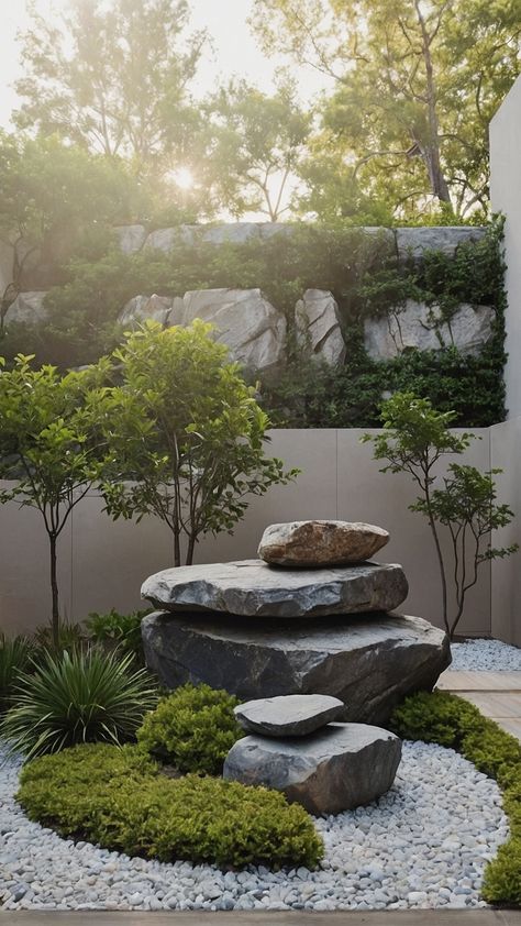 Creating a Natural Oasis: 15 Stunning Landscaping Ideas with Large Rocks - Fads Large Outdoor Landscaping Ideas, Large Rock In Landscaping, Large Boulder Water Feature, Tropical Dry Garden, Landscaping Large Rocks, Natural Pool Landscaping, Large Rock Garden Ideas, Stone Courtyard Ideas, Modern Landscaping Design