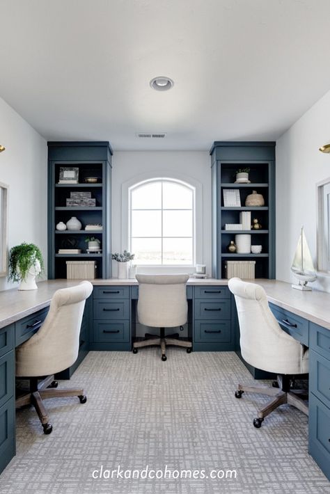 Open shelves flank the arched window that lets natural light into this desk area, a perfect spot for kids homework and getting things done. #bluecabinets #homeoffice #homeworkstation #bonusroom Office With Two Desks, Coastal Office, Homework Room, Desk Areas, Small Home Office, Built In Desk, Desk Design, Office Inspiration, Custom Home Builders