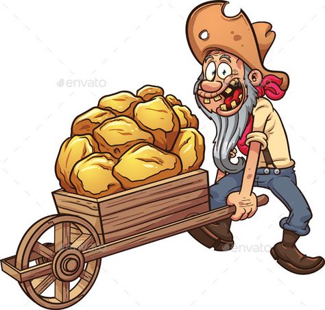 Cartoon miner with a wheelbarrow full of gold. Vector clip art illustration with simple gradients. All in a single layer. EPS10 fi Orca Tattoo, Gold Vector, Gold Miners, Gold Mining, Art Et Illustration, Banner Printing, Cartoon Character Design, Slot Machine, Free Vector Art