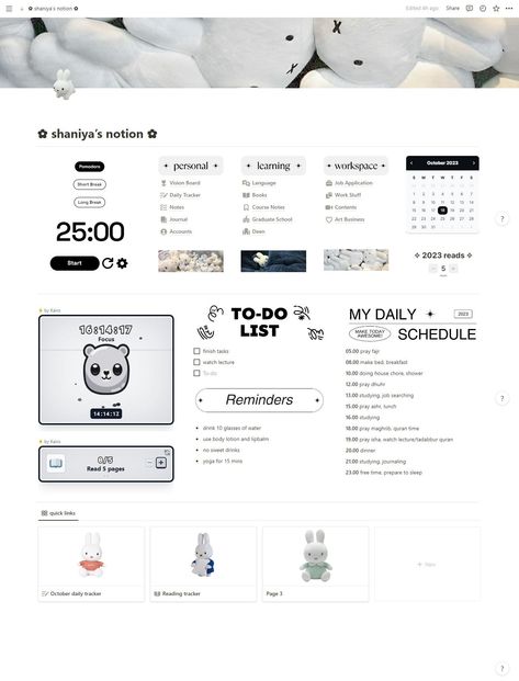 miffy themed notion template ideas - homepage Minimalist Notion Cover, Notion Homepage Ideas, Notion Study, Notion Themes, Notion Layout, Notion Template Ideas, Notion Board, Notion Inspo, Notion Ideas