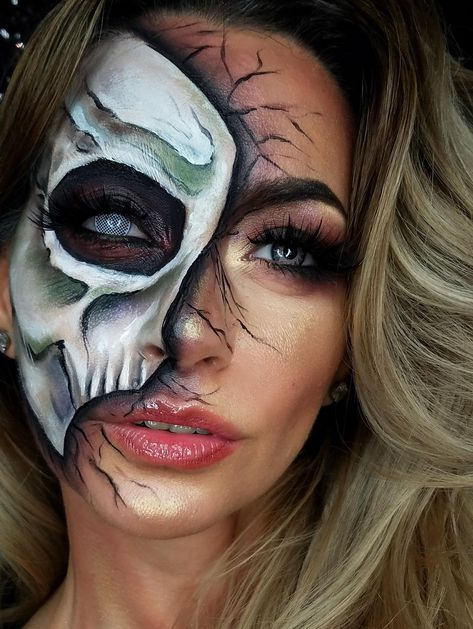 This Half-Face Zombie Makeup Look Is the Trippiest Halloween Costume- Cosmopolitan.com Half Face Makeup Halloween, Halloween Half Face Makeup, Easy Diy Halloween Makeup, Diy Halloween Makeup Scary, Half Face Halloween Makeup, Face Makeup Halloween, Halloween Makeup Diy Easy, Half Face Makeup, Brown Matte Lipstick