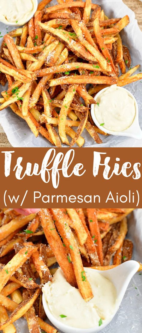 Truffle Fries is a restaurant staple side dish that's so easy to make at home! You can use your air fryer or fry it in oil to make these crispy, flavorful fries. It's amazing how just a simple side of fries can be completely transformed with two ingredients: parmesan cheese and truffle oil. Oh - and you can't forget to make the parmesan aioli, of course! Truff Recipes, Parmesan Aioli, Parmesan Truffle Fries, Dirty Fries, Garlic Parmesan Fries, Potatoe Recipes, Parmesan Fries, Truffle Sauce, Homemade Truffles