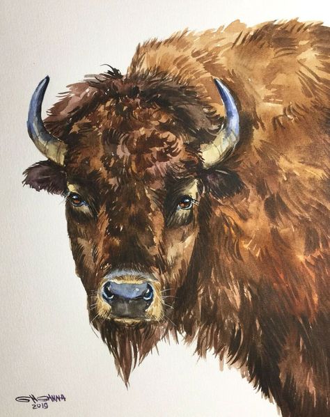 Bison Portrait, Watercolor Crafts, Paint Animals, Buffalo Painting, Wood Paintings, Painting Realism, Rock Animals, Bison Art, Buffalo Art