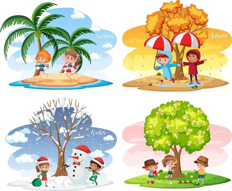 Kids Clipart Free, Four Seasons Painting, Weather Activities Preschool, Seasons Chart, Four Seasons Art, Seasons Preschool, Clown Crafts, Carnival Crafts, Preschool Designs