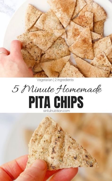 These healthy homemade pita chips are made right in the microwave! They only require two simple ingredients & 5 minutes to make into a crunchy, satisfying snack! | @sinfulnutrition #sinfulnutrition #HealthyPitaChipsRecipe #HomemadePitaChipsEasy Pita Chips Recipe, Homemade Pita Chips, Homemade Pita, Healthy Chips, Crispy Chips, Crunchy Snack, Pita Chips, Chips Recipe, Mediterranean Dishes