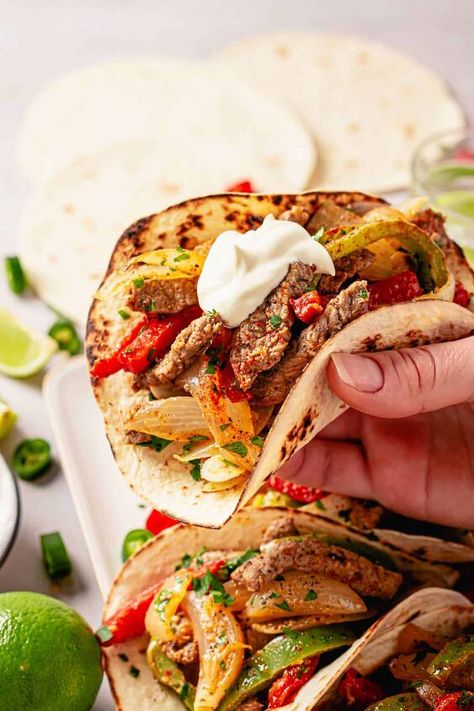 Easy Steak Tacos, Lime Cilantro Rice, Easy Steak Fajitas, Fajita Tacos, Fajita Mix, Steak Fajita Recipe, Cilantro Rice, Easy Steak, Steak Tacos