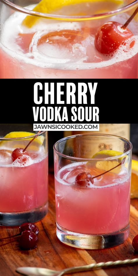 This easy, fresh and citrusy Cherry Vodka Sour comes together in a few minutes with fresh lemon juice, grapefruit juice, and some maraschino cherry syrup. Add your favorite vodka and you've got a delicious and simple vodka sour that goes down super easy! Cherry Juice Cocktail Recipes, Uv Cherry Vodka Drinks, Titos Vodka Drinks, Cherry Vodka Drinks, Vodka Sour Recipe, Titos Vodka Recipes, Cherry Vodka Sour, Sprite Recipe, Clean Cocktails