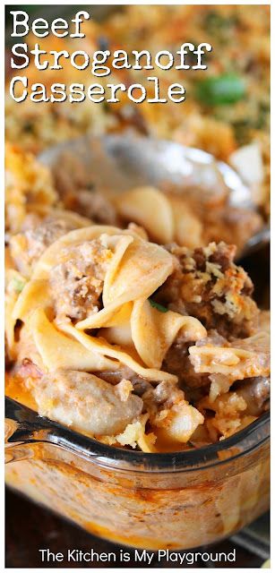 Beef Stroganoff Casserole ~ Dig in to a pan of this tasty casserole for dinner! It's loaded with great flavor the whole family will love. www.thekitchenismyplayground.com Stroganoff Casserole Recipe, Beef Stroganoff Casserole, Stroganoff Casserole, Beef Casserole Recipes, Yummy Casseroles, Beef Recipes Easy, Beef Stroganoff, Easy Casserole Recipes, Beef Recipes For Dinner