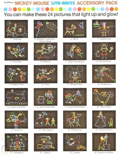 Vintage 1970 "Mickey Mouse" Assortment Lite-Brite Picture Designs & Refills | #1900988384 Lite Brite Designs Christmas, Lite Bright Ideas, Lite Brite Patterns, Lite Bright Patterns, Light Brite Patterns, Lite Brite Printables Free, Lite Brite Ideas, Lite Brite Designs, Light Brite