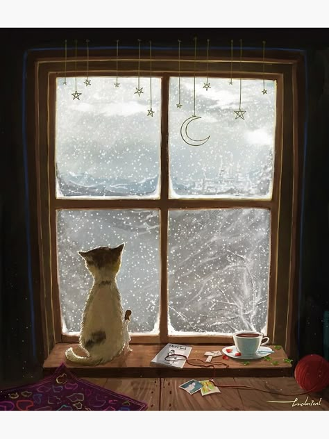 "winter window" Art Print by endmion1 | Redbubble Window Illustration, Window Drawing, Winter Window, Winter Cat, Winter Illustration, Christmas Window, Window Art, Window Painting, Winter Art