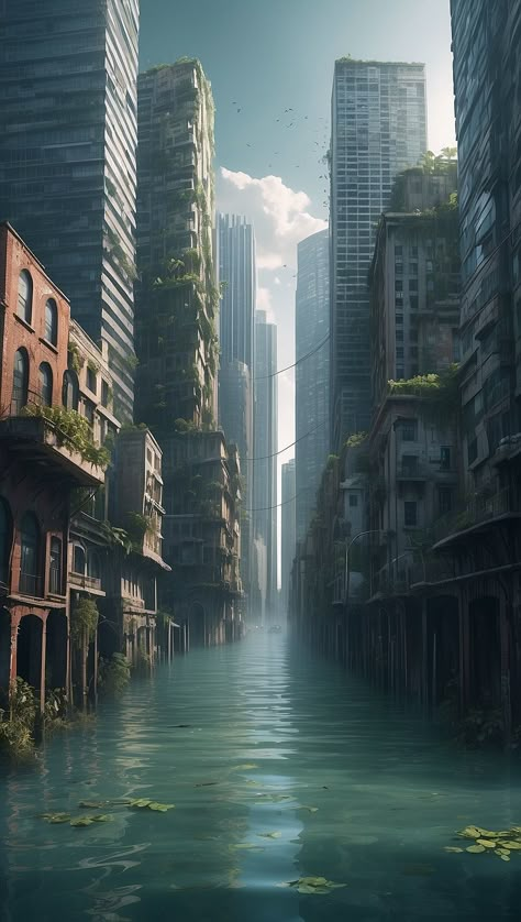 Post Apocalyptic Fantasy World, Post Apocalyptic Scenery, Nuclear Apocalypse Art, Flooded City Aesthetic, Nature Takes Over, Post Apocalyptic City Concept Art, Post Apocalyptic Wallpaper, Apocolypse Aethstetic, Post Apocalyptic Aesthetic